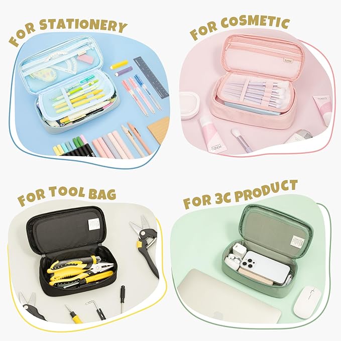 SUNEE Cute Pencil Case, Large Capacity Pencil Pouch, Big Storage Organizer for Stationery, Zipper Pen Bag, Back to School Supplies, Office Organizer Makeup Bag, for Teen Girl Boy Men Women, Beige