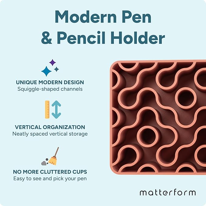 Modern Desk Pen & Pencil Holder Organizer | Unique Squiggle Design, Matte Finish, Non-Slip Rubber Feet | Stylish Office Desk Accessory & Storage for Home, Work, Classroom (Matte Terracotta)