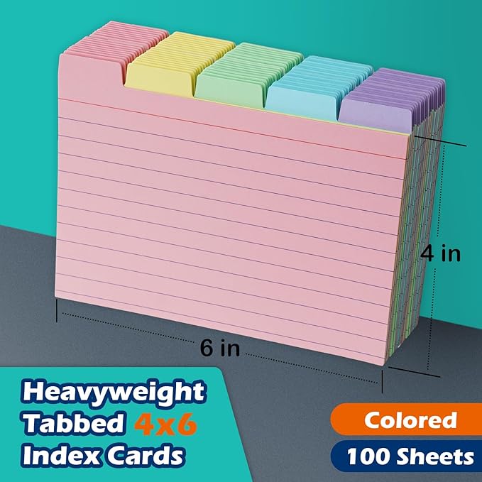 100 Pack Tabbed Index Cards 4x6 Lined Index Card Dividers with Tabs 4" x 6", Colored, 220 GSM Thick Paper