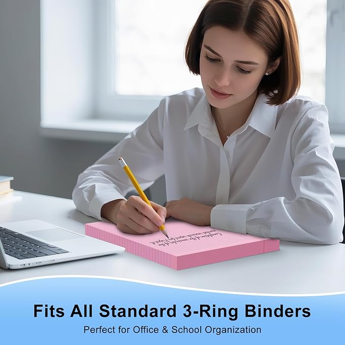 Pink Loose Leaf Paper 100 Sheets 8" x 10.5" Filler Paper, College Ruled 3-Hole Punched, Notebook Paper for 3-Ring Binders Notepad Writing Note Pads To-Do Lists for Office & School Supplies