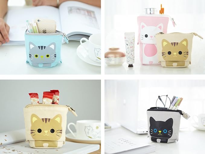 Telescopic Pencil Pouch Standing Pen Holder Cute Pencil Bags Stand Up Pen Case Cartoon Pencil/Pens Storage Box Canvas+PU Stationery Organizer Makeup Bag with Zipper Closure (Khaki)