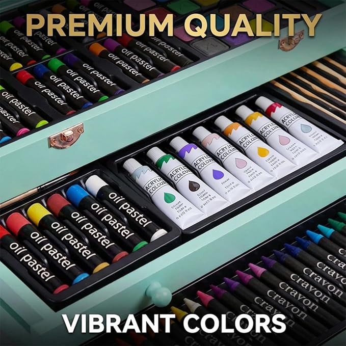 175-Pack Deluxe Wooden Art Set Drawing Painting Kit with 2 Drawing Pads, Acrylic Paints, Colored Pencils, Crayons, Paint Brush, Art Kit in Wooden Case, Gift for Artist, Adults, Teens and Kids