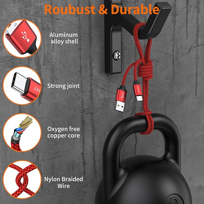 JXMOX USB Type C Cable (6.6ft 2-Pack), USB-A to USB C 3A Fast Charging Cord Compatible with iPhone 15 16 Pro Max, Samsung Galaxy S22 S21 S20 Ultra S10 S9 S8, Note 10 9 8 A80 A70, USB C Charger (Red)