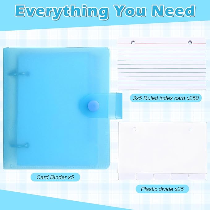 3 x 5” Index Card Holder Organizer Card Holder and Dividers Bulk with 5 Color Coded Binder Covers 250 Ruled Refill Sheets 25 Index Cards Study Flash Cards Organizer for School Office Home