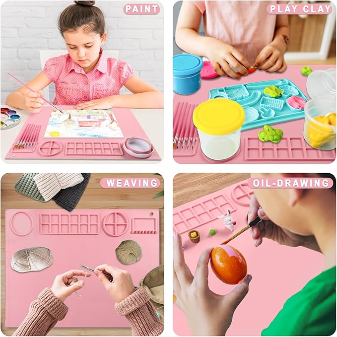 DIYDEC Silicone Craft Mat with Detachable Cup 20X16 Inch Large Silicone Painting Mat for Kids Art Supplies with 10 Painting Brushes Drawing Sheets for Adult DIY Accessories (Pink)