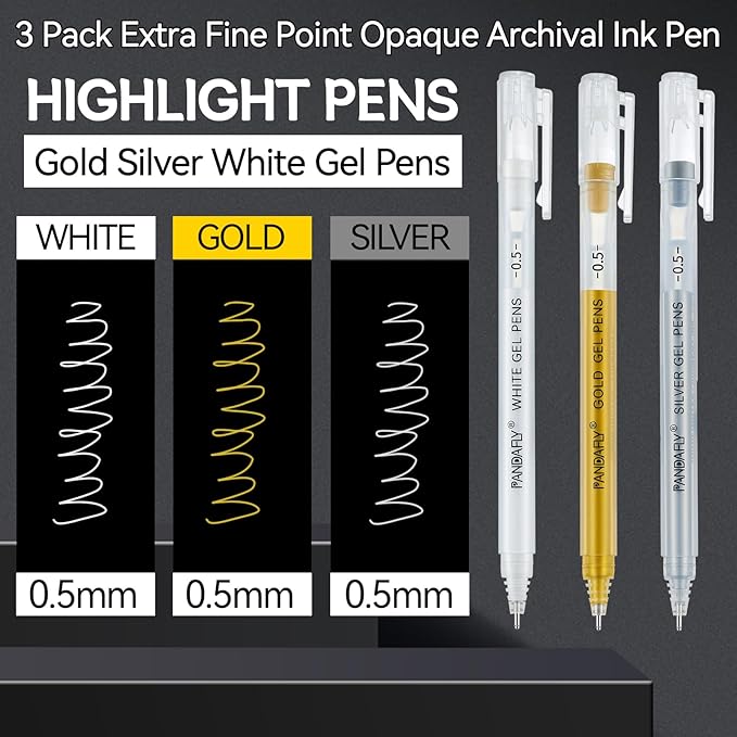 PANDAFLY Gold Silver White Gel Pens, 0.5mm Extra Fine Point Archival Ink Pen for Journaling, Art, or Drawing - For Artist Gifts, Holiday Gifts & DIY Projects, 3 Pack