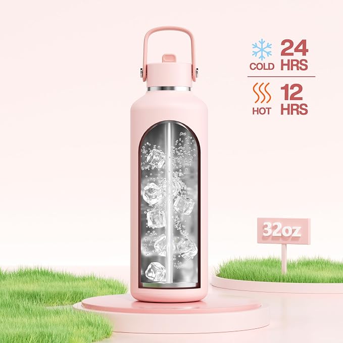 POWCAN 32 oz Insulated Water Bottle: Leakproof, Lid with Flip Straw, Cold for 24H, BPA-Free, Metal Water Bottle with Handle for Travel, Gym, Fitness, Hiking, Birthday Gift for Women (Cotton Candy)