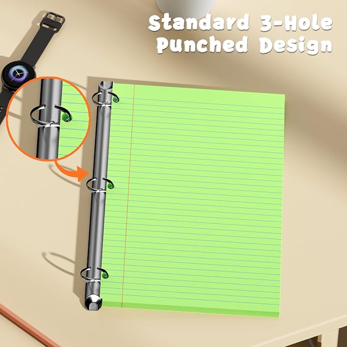 120 Sheets Green 8x10.5 Inch Loose Leaf Paper, College Ruled Filler Paper, 3 Hole Punched Notebook Paper for 3 Ring Binder, Premium Notebooks Paper for Students & Teachers, Office & School Supplies