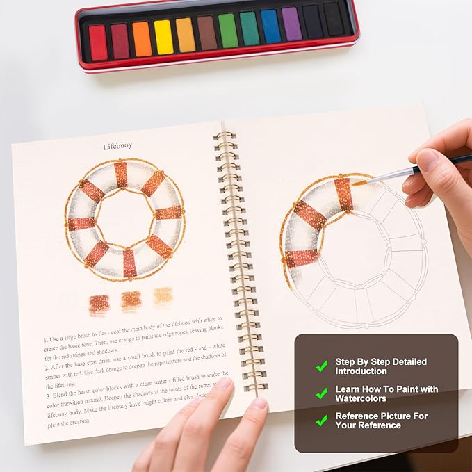 Metyond Beginner Watercolor Workbook Kit - Watercolor Painting Kit with 1 Workbook 12 Colors Paint Set with Brush, Beginner Friendly Watercolor Paint Set Gift for Adults Teens (Seaside)