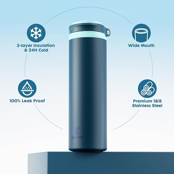 Meoky 24 oz Insulated Stainless Steel Water Bottle: Flip-to-Pop Straw, Leak Proof, 24H Cold, Wide Mouth, BPA-Free, Non-slip Base, Gym Water Bottle for Men Teen Boys, Denim