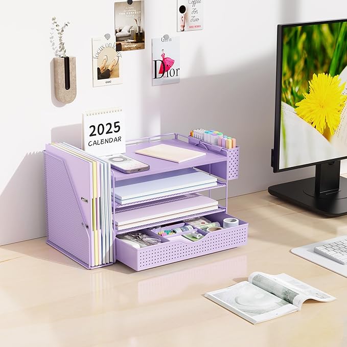 gianotter Wood Desk Organizers and Accessories with File Holder, 4-Tier Desk Accessories & Workspace Organizers with Drawer and Pen Holder, Desk Reference Organizer (Purple, 4T with Drawer)