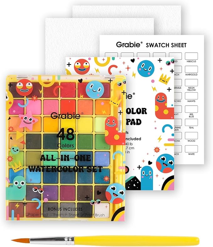 Grabie Mini Watercolor Paint Set, All-In-One 48 Colors Travel Watercolor Set with Paint Brush, Paper Pad & Swatch Sheet, Portable Vibrant Watercolor Kit for Beginners, Kids, Artists & Gifting