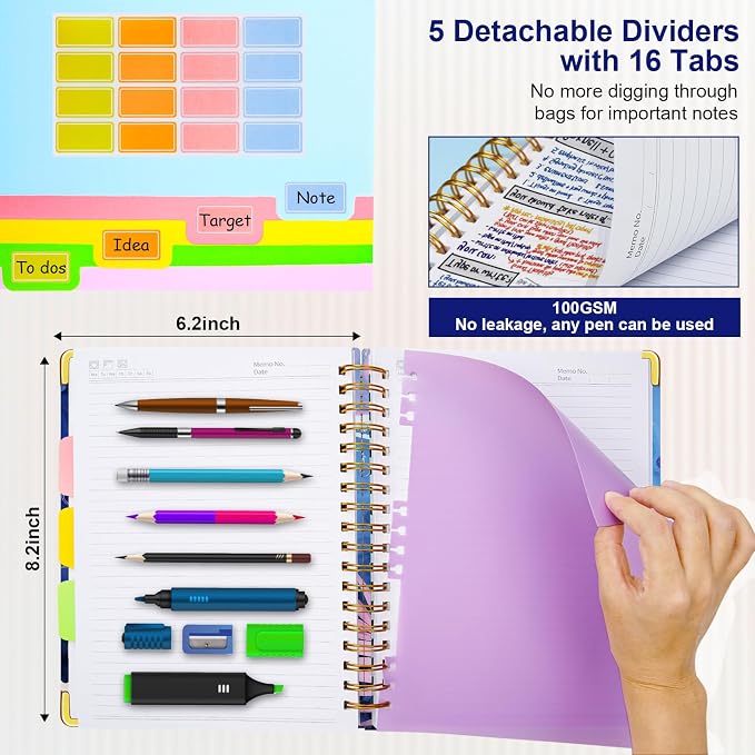 Spiral Journal Notebooks for Work, 300 Pages 5 Subject Notebook College Ruled with Dividers & Tabs, Notebook Journal for Women Students Note-Taking and Organizer (Tropical Monstera, 6.2''x 8.2'')