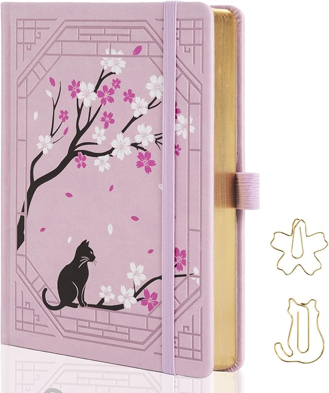 TIEFOSSI A5 Lined Journal, Cute Cat Journal for Women Girls, College Ruled Notebook with Pretty Sakura Pattern, Aesthetic Diary for Writing Journaling Drawing, Golden Edges