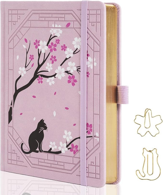 TIEFOSSI A5 Lined Journal, Cute Cat Journal for Women Girls, College Ruled Notebook with Pretty Sakura Pattern, Aesthetic Diary for Writing Journaling Drawing, Golden Edges