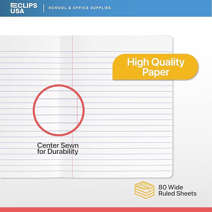 E-CLIPS USA Composition Notebook Wide Ruled Composition Notebooks Bulk Wide Ruled Notebook Paper Note Books For Schools Composition Books 80 Sheets 160 Pages 9.75” x 7.5” (12 Pack)
