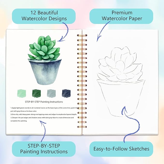 Easy Watercolor Workbook for Beginners - 12 Beautiful Step-by-Step Paintings Water Coloring Book, Includes 18 Colors Paints, Relaxing Art Projects and Creative Gift for Adults & Teen (Succulents)