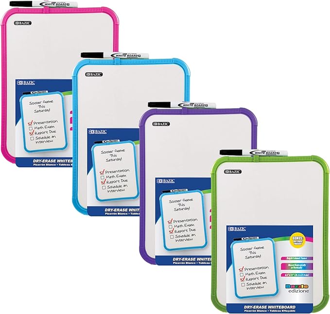 BAZIC Products Dry Erase Lap Board & Marker, 8.5x11 Inch Whiteboards Small Portable for Teacher Office Memo Drawing, Assorted Color Frame, 4-Pack