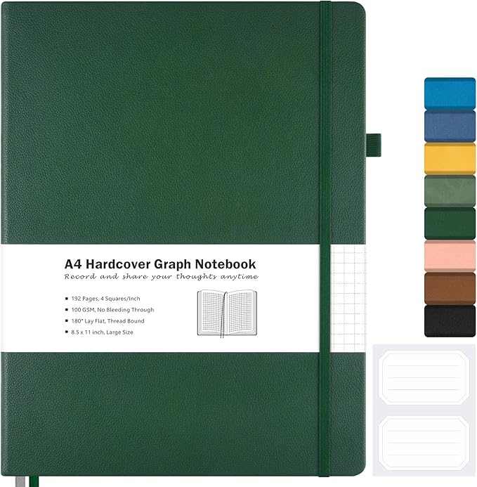 Graph Paper Notebook, Hardcover Notebook 8.5 x 11, Grid Notebook Journal for Women, Men, Large Leather Journals for Writing, Thick Paper, A4 Notebooks for Work, School Supplies, Engineering Green