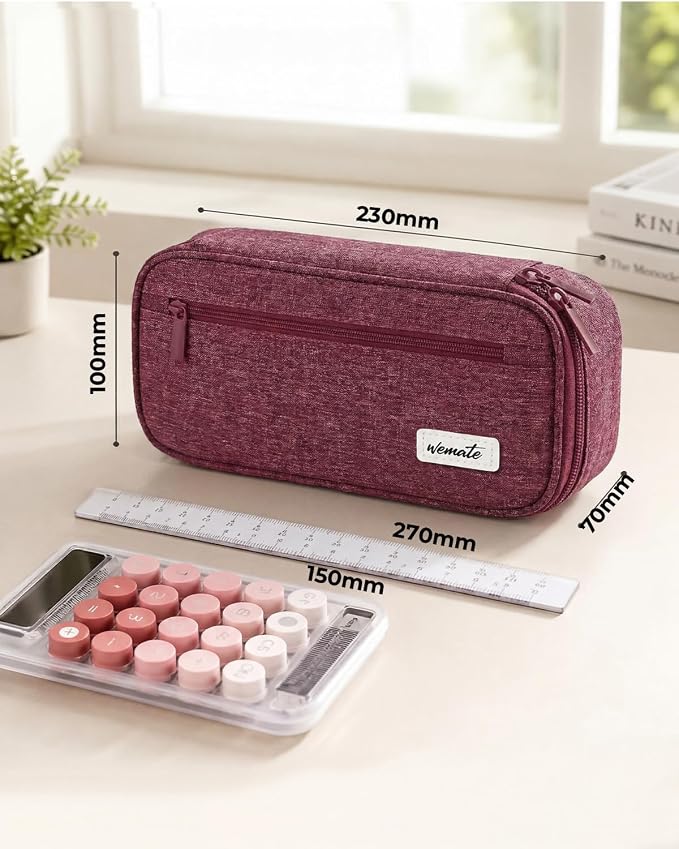 WEMATE Pencil Case, Large Capacity Pencil Pouch, Big Storage Organizer | for Stationery, Zipper Pen Bag, Travel Pen Box, Office Organizer Makeup Bag, for Men Women Purple Red
