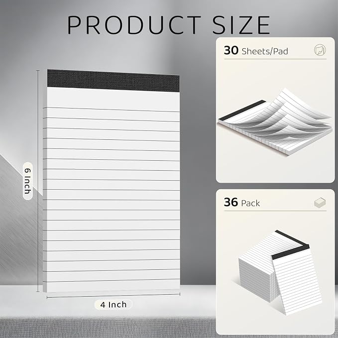 4x6 Lined Notepads 36-Pack - White Ruled Memo Pads with Firm Backing for Daily Lists, School Notes & Office Reminders | Smooth No-Bleed Paper for Students, Teachers & Professionals