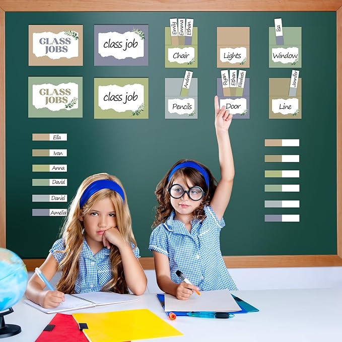 112Pcs Eucalyptus Class Jobs Bulletin Board Set Greenery Classroom Job Pocket Chart Bulk Sage Green Class Management Pocket Chart Teacher's Helper Posters Cards Chalkboard Decor School Supplies