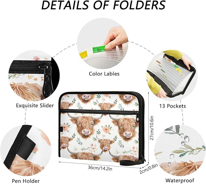 Watercolor Floral Highland Cows Pattern 13 Pocket File Organizer Expanding File Folder with Front Pouch Portable Business File Storage Document Organizer Folder with Zipper