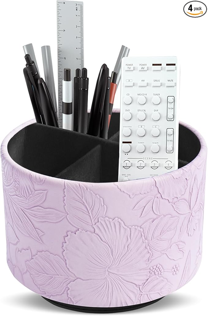 Round Leather Art Supply Organizer,Remote Control Holder,360 Degree Spinning,Multi-Functional Pencil Holder,4 Compartments Desktop Stationary Organizer(1-Carved Purple)