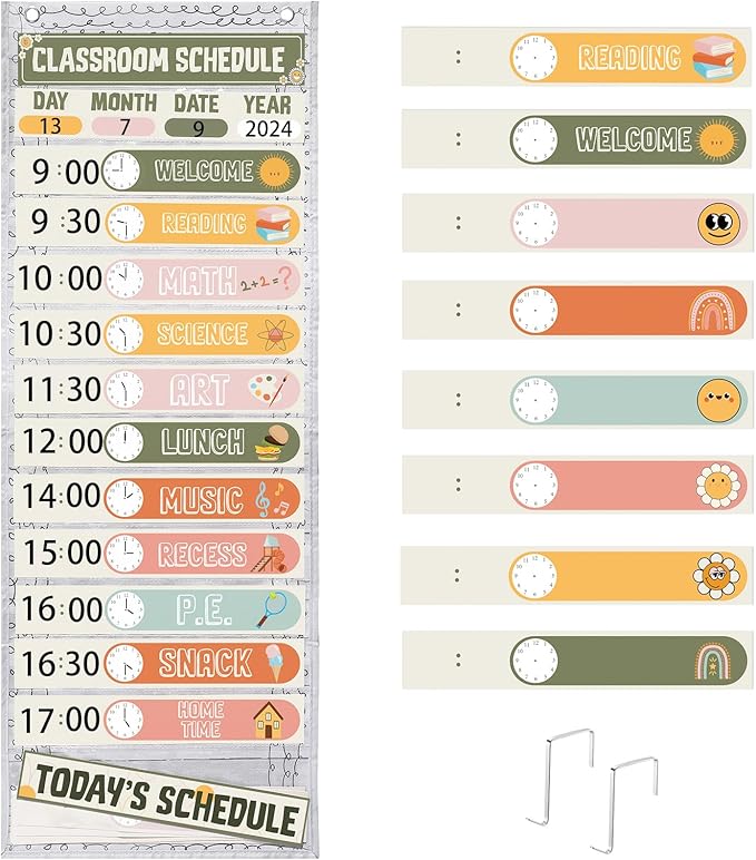 MotiMind Daily Schedule Pocket Chart for Classroom, Calendar Pocket Chart 13+1 Pockets, 21 Reusable Cards for Classroom School 13" x 36" (Bright Color,Retro)