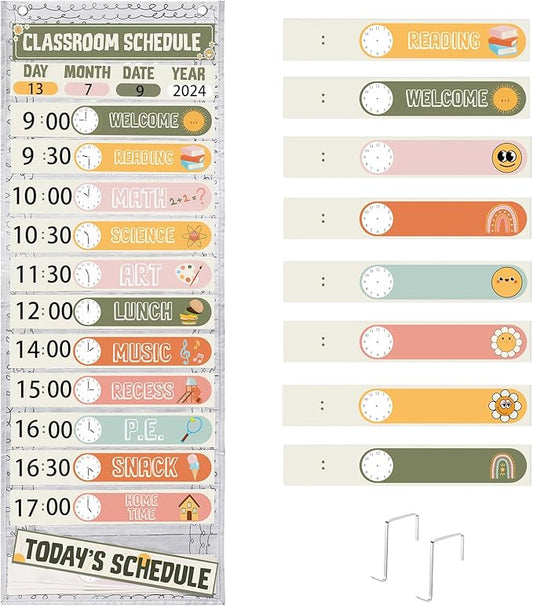 MotiMind Daily Schedule Pocket Chart for Classroom, Calendar Pocket Chart 13+1 Pockets, 21 Reusable Cards for Classroom School 13" x 36" (Bright Color,Retro)