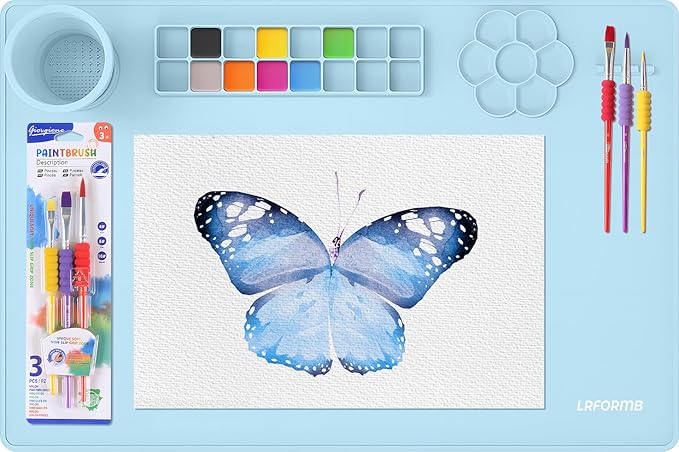 Silicone Painting Mat, 23.6 x 15.8in Art Mat with 3 Brushes, Painting Station Mats with Cup and Palette, Craft Mats to Protect Table for Kid, Clay Sheet for Watercolor, Resin DIY (Blue)