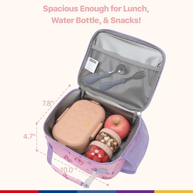 Bagseri Kids Lunch Bag Girls - Thermal Insulated Lunch Box Tote with Water Bottle Holder, Reusable Leak-Proof Kids Lunch Box for Daycare & School, Pink Butterfly (Containers Not Included)