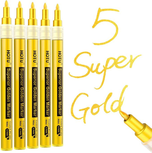 HOTU 5 Pack Super Gold Paint Markers - Metallic Gold Acrylic Paint Pens Glitter Extra Fine Tip 0.7mm for Black Paper,Wood, Rock Painting, Glass, Fabric