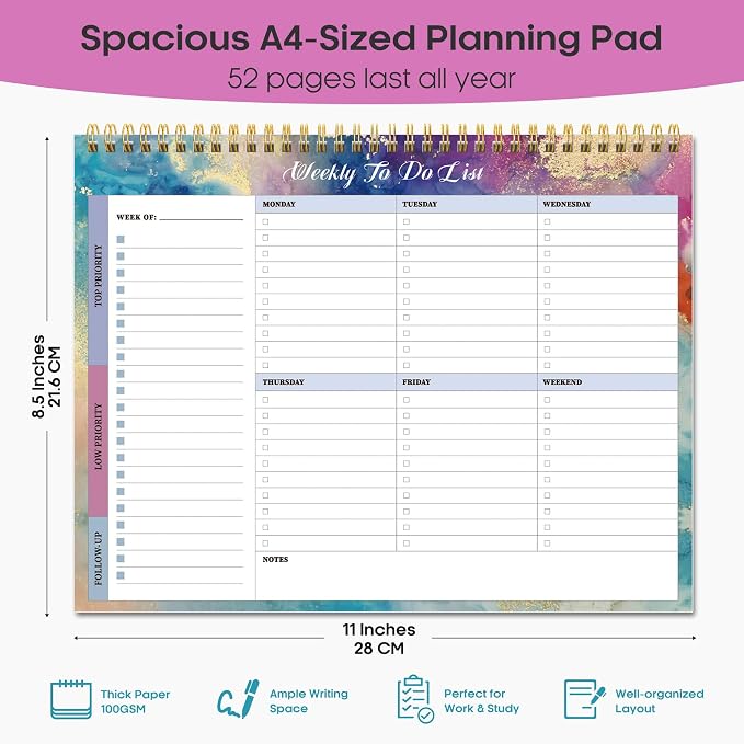 Weekly To Do List Notepad with 52 Undated Sheets（8.5"×11"）- Weekly Desk Planner for Women & Man, Work and Home - Gilded Elegance