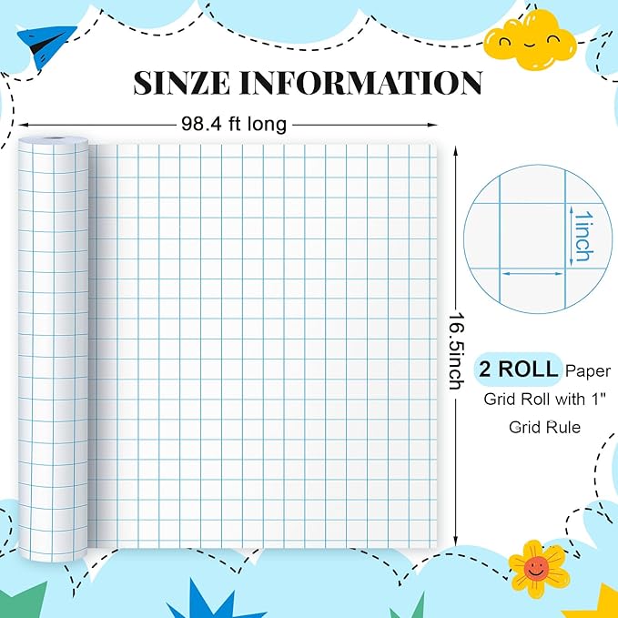 Jetec 2 Roll Large Grid Graph Paper Roll 1" Grid 16.5 Inch x 98ft Sewing Pattern Paper for Back to School Classroom Teaching Drafting Supplies Kids Students Gifts