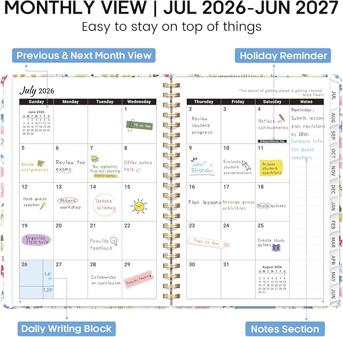 Academic Planner 2026-2027, Weekly and Monthly Calendar Book, July 2026 – June 2027, Hardcover Planner with Tabs, Perfect for Teachers, Students, Women & Men, A5 (6.4" x 8.5") - Disty