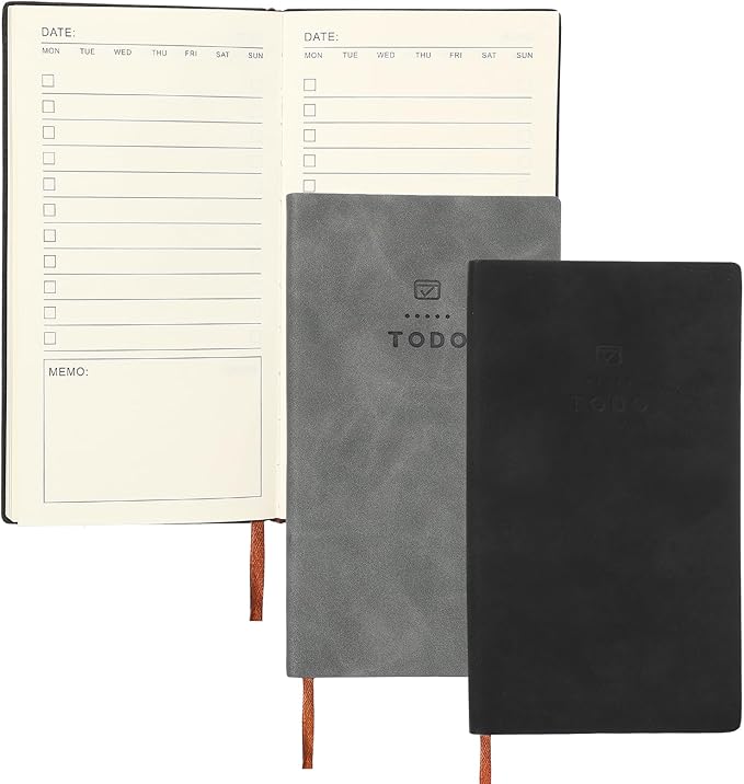 PATIKIL 2Pcs Planner Notebook, A6 100 Sheets Undated to Do List Daily Weekly Monthly Goals Tracker Pocket Notebook for Office Study Time Management Fitness Weeding, Black/Grey