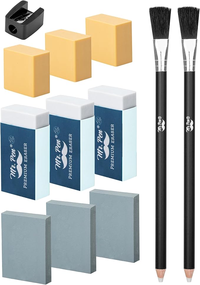 Mr. Pen- Art Eraser Set, 12 pcs, Artist Pencil Erasers, Drawing Supplies Kit, Dual-Ended Eraser Pencils with Cleaning Brush, Kneaded, Soft and Hard Erasers, Sharpener for Sketching, Detailing, Shading