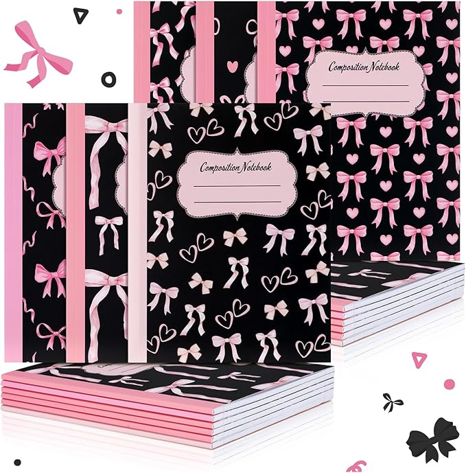Fullhawl 6 Pack Composition Notebook College Ruled Bulk Black Pink Bow Composition Notebook Preppy Aesthetic for Back to School Supplies 110 Pages 9-3/4 x 7-1/2" Journal for First Day of School Office