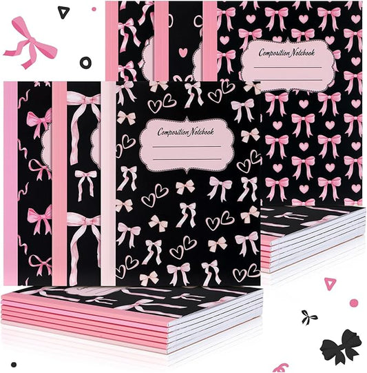 Fullhawl 6 Pack Composition Notebook College Ruled Bulk Black Pink Bow Composition Notebook Preppy Aesthetic for Back to School Supplies 110 Pages 9-3/4 x 7-1/2" Journal for First Day of School Office