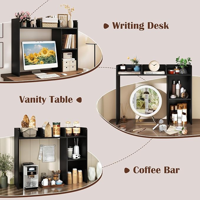 Giantex Desktop Bookshelf, Wood Desk Hutch Organizer for 27 Inch Computer Monitor, Countertop Storage Display Rack with 5 Shelves, Multipurpose Desktop Shelf Bookcase for Dorm Office Home, Black