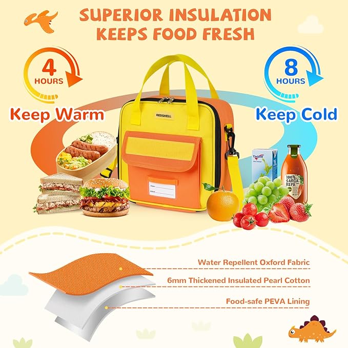 REDSHELL Tactical Lunch Box Kids, Large Insulated Lunch Bag for Boys Girls, Cooler Lunchbag, Square Toddler Lunchbox, School Daycare Lunch Tote Pail with Water Bottle Holder Shoulder Strap, Orange