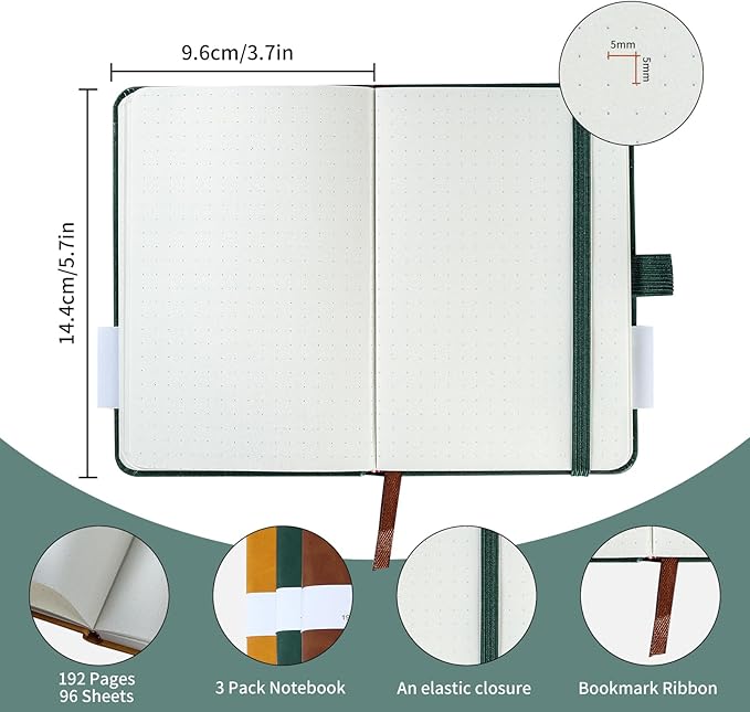 HOMEMARS Small Notebook, Pocket Notebook, 3 Pack, Notebook A6, Dotted,3.7" x 5.7"Leather, Brown, Green, Yellow,192 Pages Each, Hardcover, Mini Journal Notepad, Embossing Tree Design