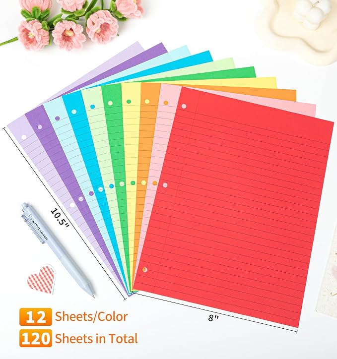 120 Sheets Loose Leaf Binder Paper, 10-Color Wide Ruled Lined Writing Paper