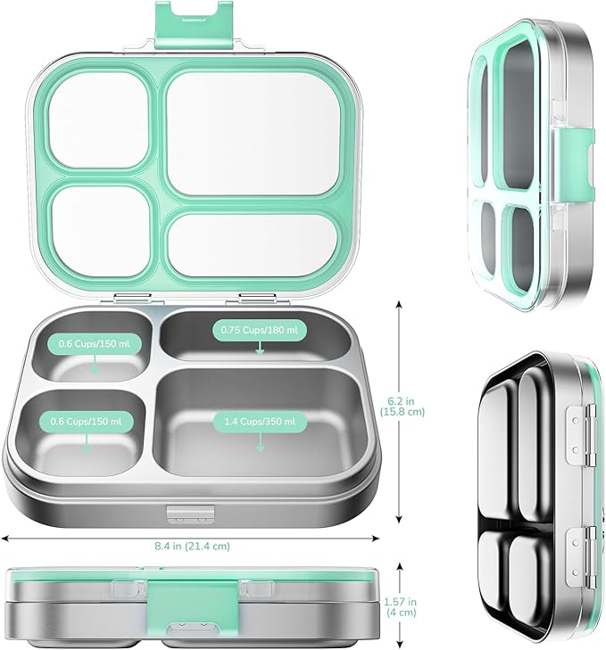 G.a HOMEFAVOR Stainless Steel Lunch Box - 4 Compartments Bento Box for Kids, Leakproof Food Container for School, Office, Dishwasher Safe, BPA-Free, 800 ml/27 oz, Green