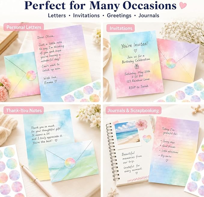 160 Pcs Stationery Writing Paper with Envelopes, 50 Double Sided Stationery Papers with 50 Matching Envelopes and 60 Round Dot Sticker, 10 Unique Designs