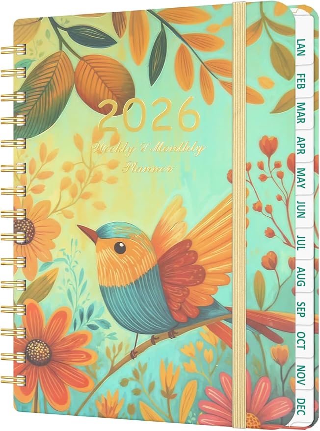 2026 Weekly and Monthly Planner - 2026 Hardcover Calendar Planner, Jan. 2026 - Dec. 2026, Daily Agenda Book with Tabs, Twin-Wire Binding, Back Pocket, School Teacher Student Supplies, A5(6.3" x 8.5") (Bird)