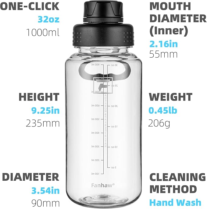Fanhaw 32 oz Clear BPA-Free Tritan Water Bottle with Fast-Flow Spout Lid, Leakproof Wide-Mouth Reusable Bottle for Gym, School & Office (Clear&Black)