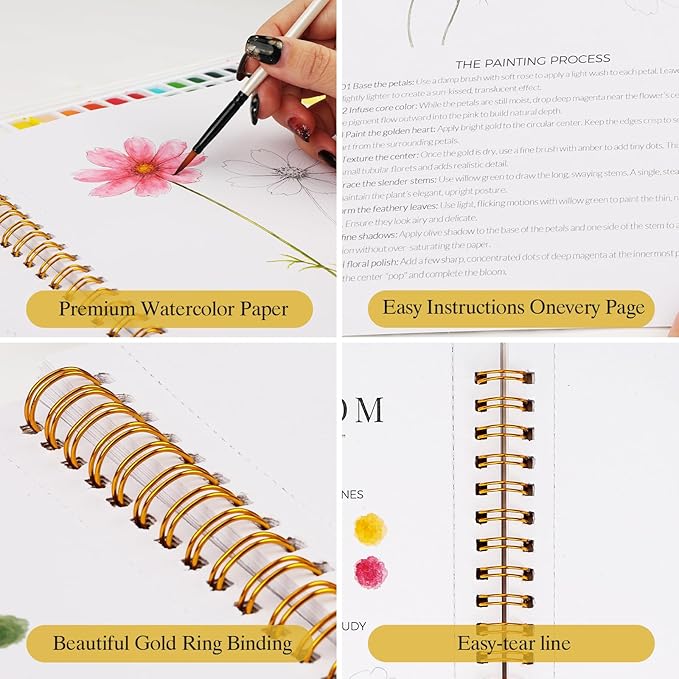 Watercolor Workbook for Beginners,18 Floral Water Coloring Book with 2 Frame,Relaxing & Easy to Paint Water Coloring Book with 24 Colors-Perfect for Gifting to Creativity & Joy for Adults