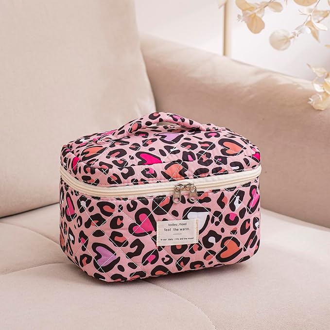 uekeboag Large Travel Quilted Makeup Bag for Women | Soft Floral Cotton Cosmetic Bag, Foldable Coquette Aesthetic Toiletry Organizer